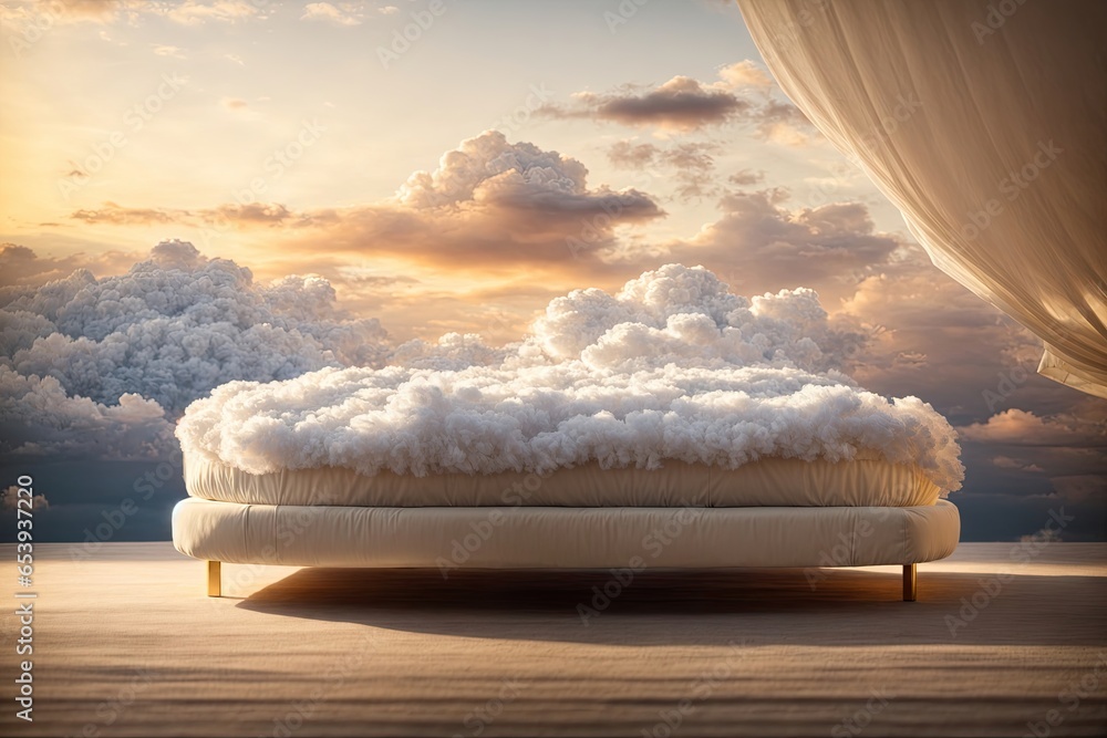 Illustration of a white bed with a cloud floating. ai generative - obrazy, fototapety, plakaty 