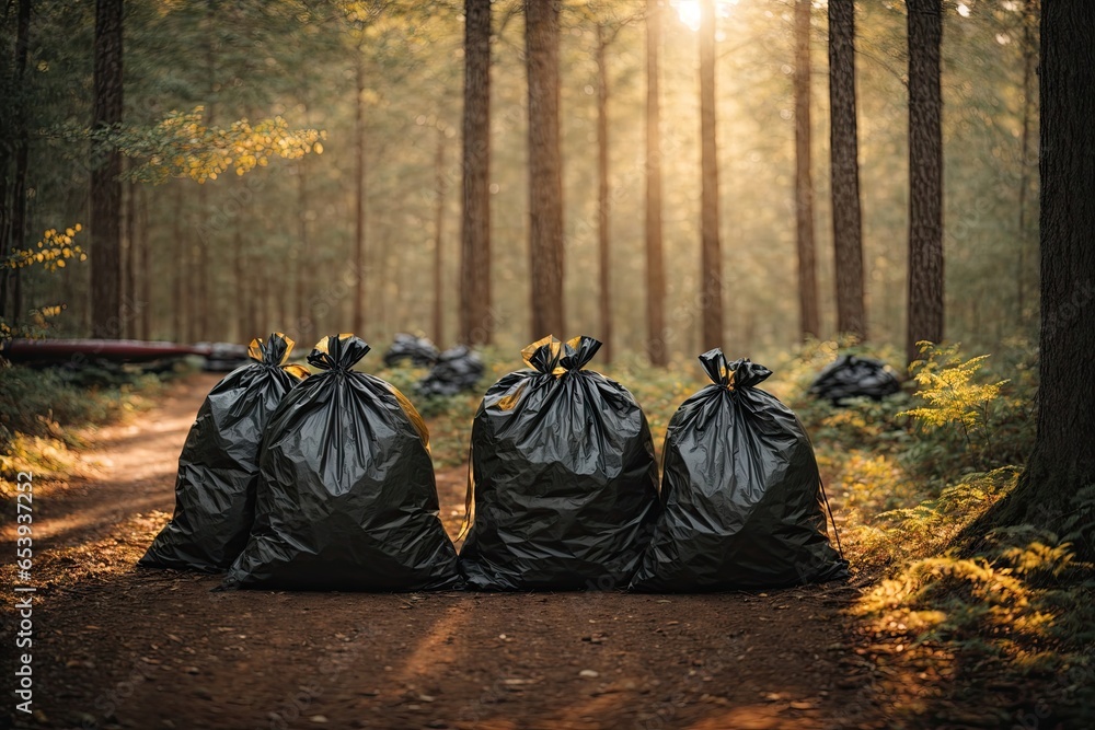 full trash bags in a forest. ai generative