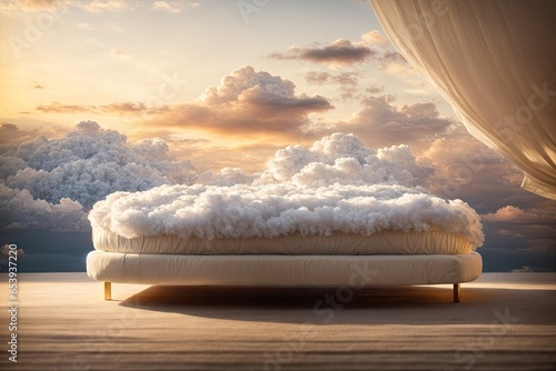 Illustration of a white bed with a cloud floating. ai generative