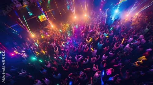 Overhead shot of a crowded, colorful nightclub with energetic partygoers. Vibrant atmosphere, disco lights, DJ playing music. Social gathering, lively and dynamic