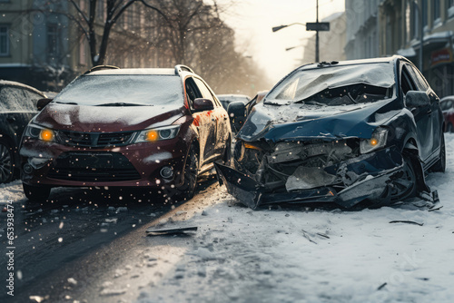 Frontal view of a two modern crashed car wreck - dented bonnet, smashed engine and windshield - on slippery icey snowy city street