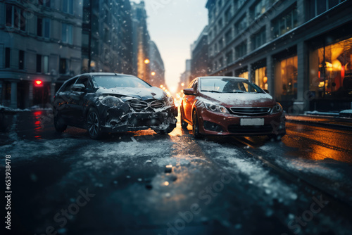 Frontal view of a two modern crashed car wreck - dented bonnet, smashed engine and windshield - on slippery icey snowy city street with copy space © J S