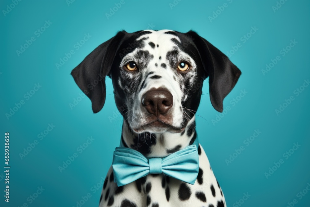 Cute dog with blue bow in a blue confetti background Cute dog with blue bow in a blue confetti background