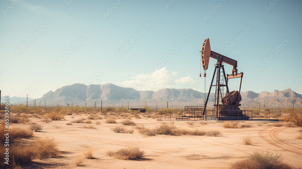 Pumpjack in the middle of the desert. Oil refinery plant concept. 
