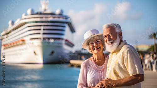 Active seniors taking at vacation with cruise ship on background. Summer vacation
