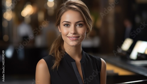 Hotel hostess woman at the reception desk photo