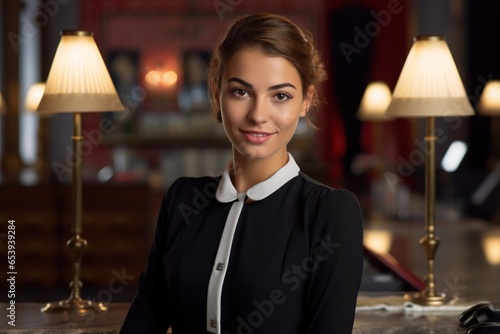 Hotel hostess woman at the reception desk photo