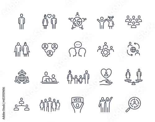 Set of icons of social groups and community. Outline signs with family, children, couple, business partners, friends, populations and generations. Collection of vector illustrations in line art style