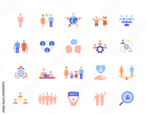 Social groups and community icon set. Colorful stickers with children, business partners, family, seniors, races, generations and voters. Cartoon flat vector collection isolated on white background