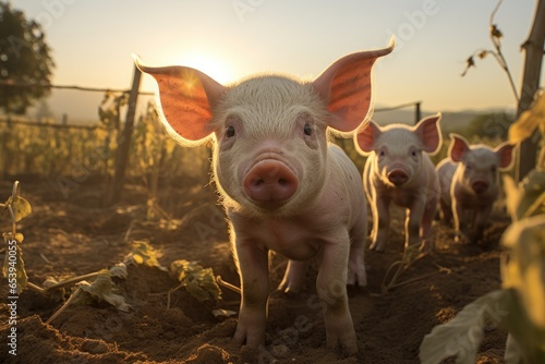 Piglets on a farm, cute little pink pigs looking curious, agricultural animal livestock