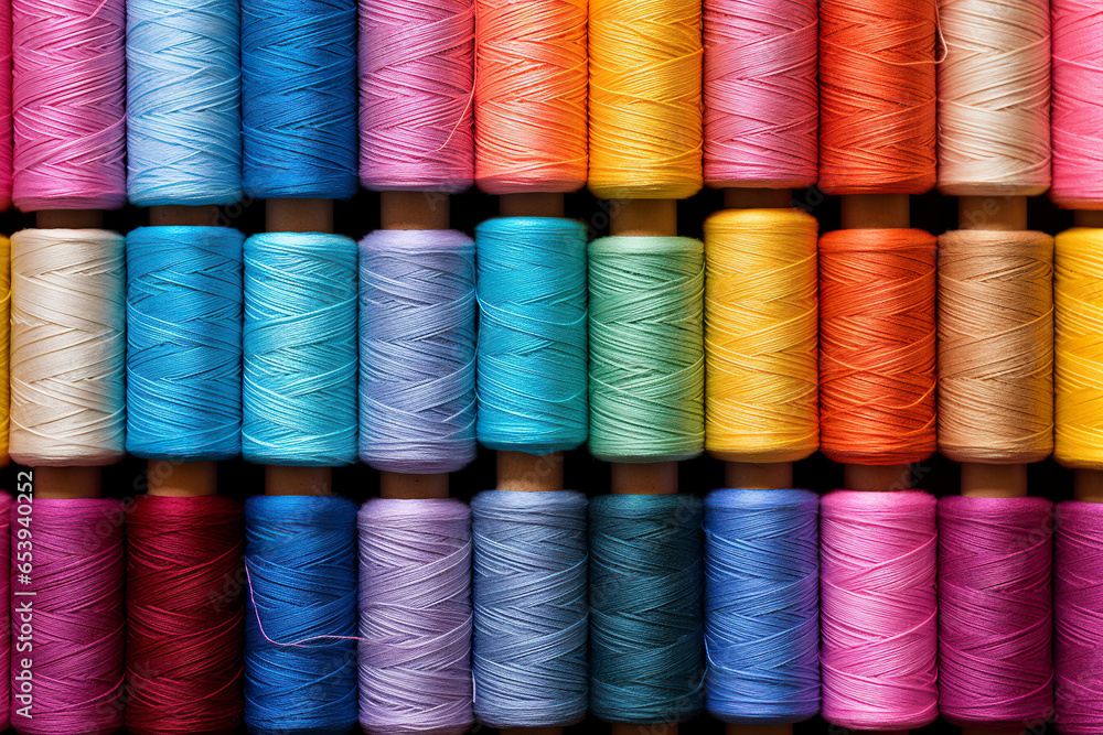 A vibrant set of spools of colorful thread in perfect harmony. Varied shades of colored thread spools on small cylinders in a festival of colors and creativity. A vibrant set of spools of colorful thread in perfect harmony. Varied shades of colored thread spools on small cylinders in a festival of colors and creativity.