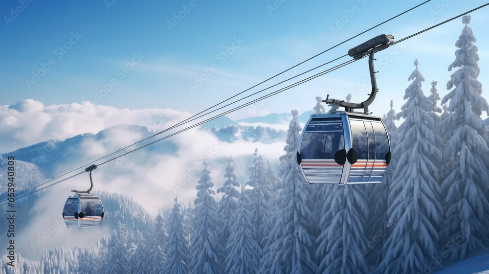 cabins on a cable car against a snowy background - obrazy, fototapety, plakaty 