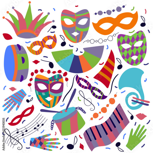 New Year s Carnival set with masks  drum  french horn  gloves  piano keys  sheet music  violin keys and beads. Carnival  masquerade  Mardi Gras  theater. A party. For the poster  banner  the flyer
