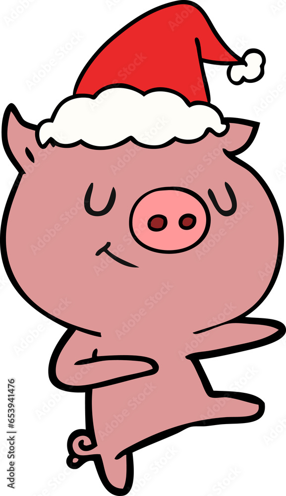 happy hand drawn line drawing of a pig dancing wearing santa hat happy hand drawn line drawing of a pig dancing wearing santa hat