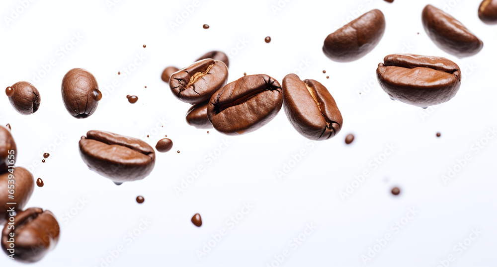 Coffee beens flying, isolated on a white background Coffee beens flying, isolated on a white background