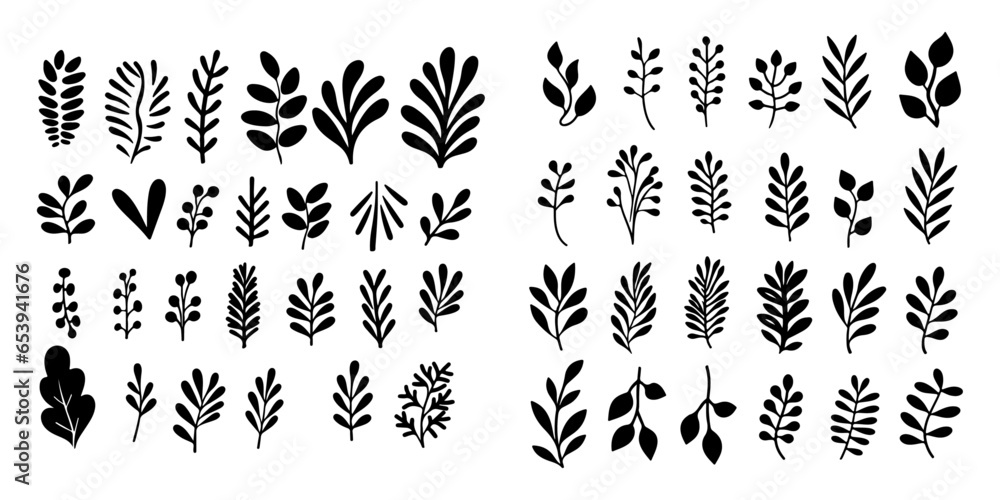 Fronds or branches isolated, drawn with abstract brush. Collection of tropical branches in vector matisse style. Illustrations of naive hand drawn leaf. Shapes of modern organic plant - obrazy, fototapety, plakaty 