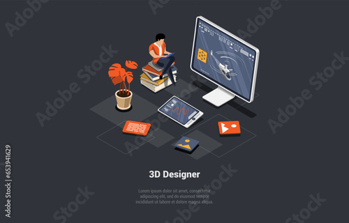 Concept Of 3D Design And Freelance Work. Man Designer Architect Of 3D Graphic Design Make Mock up Of Helicopter. 3D Learning Courses, School For Web Design. Isometric 3d Cartoon Vector Illustration