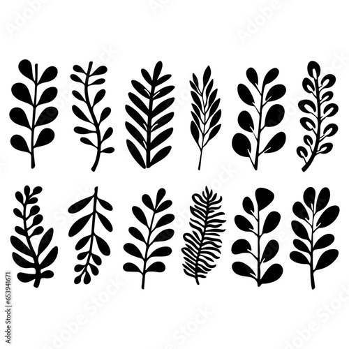 Modern organic plant shapes. Naive hand drawn leaf illustrations. Abstract brush drawn fronds or branches isolated. Collection of vector matisse style tropical branches