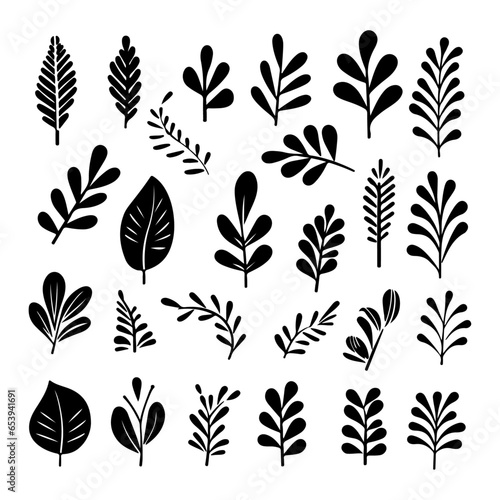 Tropical branches collection in vector matisse style. Modern shapes of organic plant. Abstract brush drawn isolated fronds or branches. Illustrations of naive hand drawn leaf