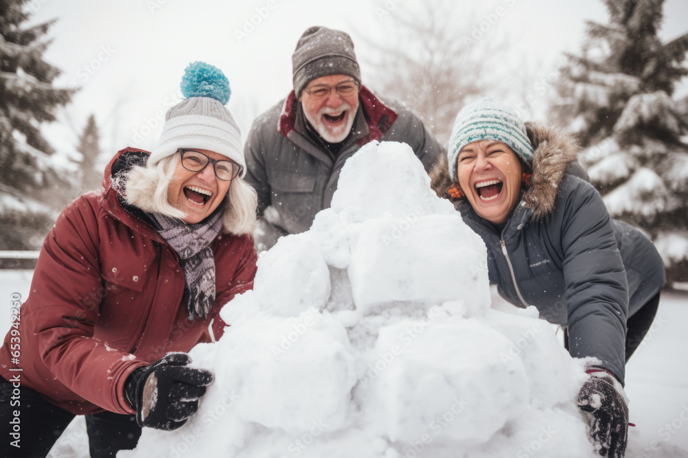 Small group of happy seniors laughing together making snowman.
