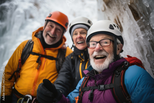Selfie portrait of small group of happy seniors having fun in winter traveling.