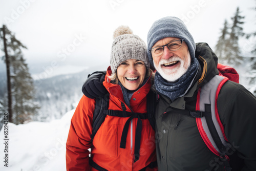 Portrait of adult couple in winter forest looking at camera.