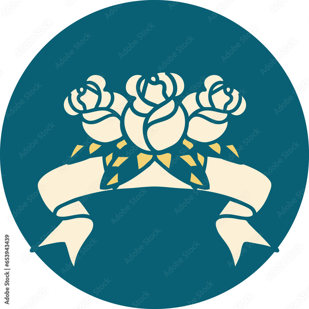 tattoo style icon with banner of a bouquet of flowers tattoo style icon with banner of a bouquet of flowers