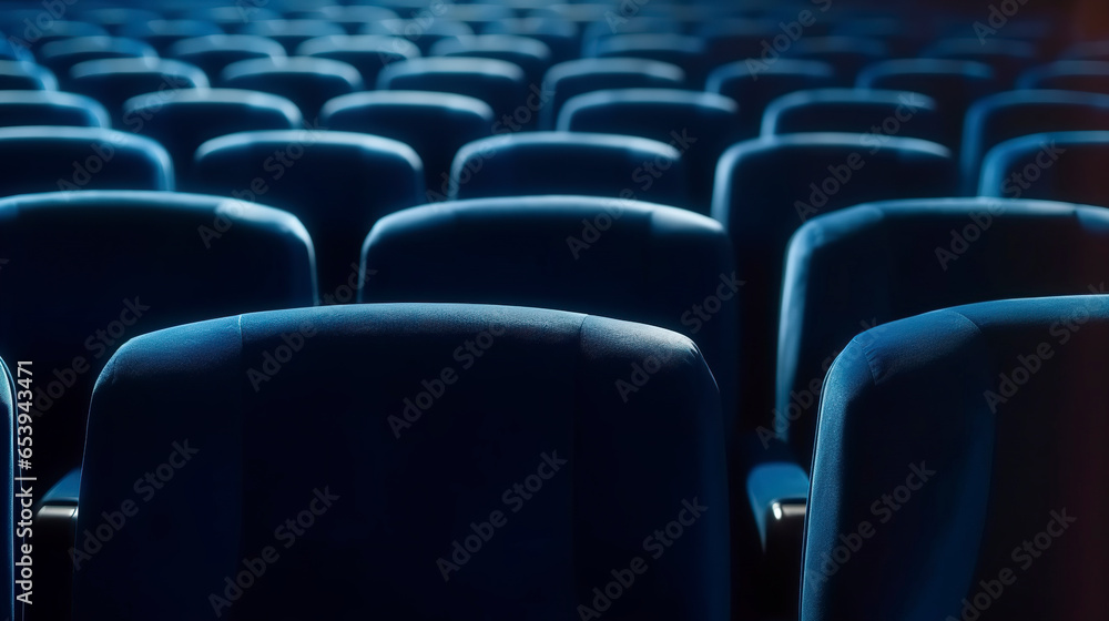 Obraz premium Rows of empty seats in a dimly lit cinema. Seats in blue tones with bokeh effect highlighted in the stillness of the cinema.