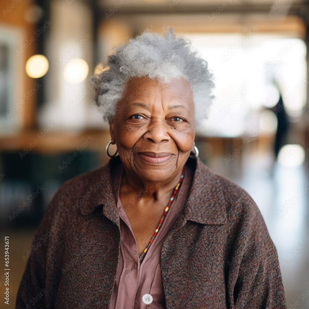 Content & Happy Senior Black African American Female Portrait - Representing the Tranquility & Positivity of Elderly Life. Generative AI. Content & Happy Senior Black African American Female Portrait - Representing the Tranquility & Positivity of Elderly Life. Generative AI.