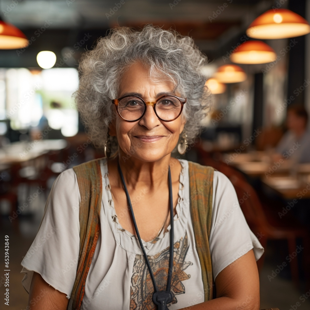 Content Elderly Hispanic Latina Woman with Glasses & Slight Smile - Reflecting a Life Filled with Experience & Serenity. Generative AI. Content Elderly Hispanic Latina Woman with Glasses & Slight Smile - Reflecting a Life Filled with Experience & Serenity. Generative AI.