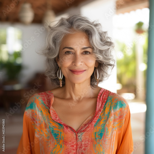 Happy & Confident Stylish Senior Hispanic Latina Woman in Her 60s in Orange Blouse - Symbolizing the Joy & Contentment of Older Age. Generative AI.