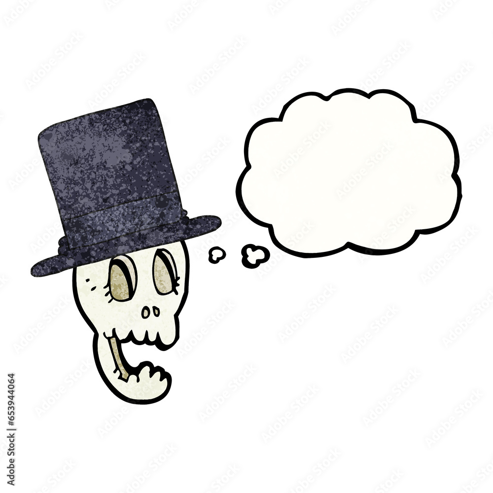 freehand drawn thought bubble textured cartoon skull wearing top hat freehand drawn thought bubble textured cartoon skull wearing top hat