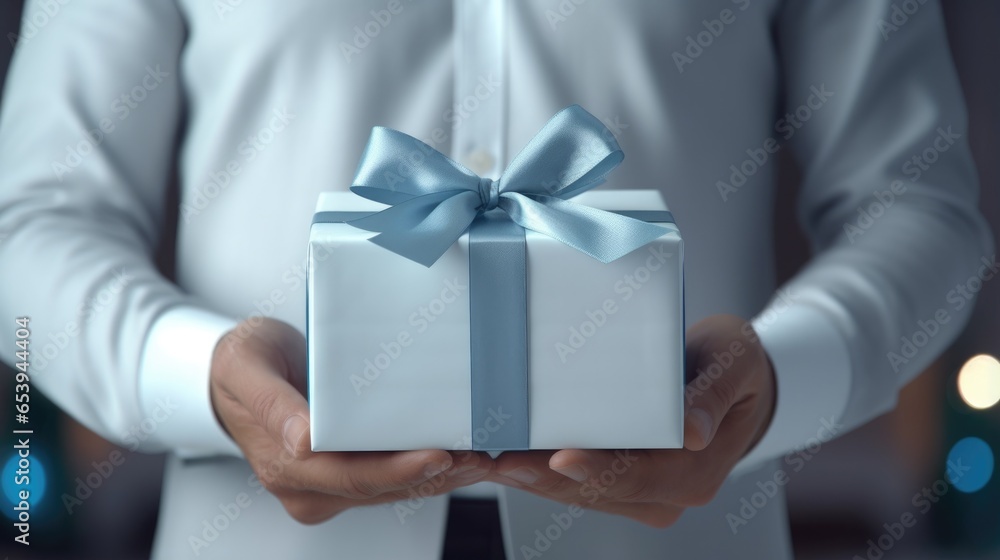 Close up - Hands of businessman in blue shirt holding gift box. Business concept, generative ai Close up - Hands of businessman in blue shirt holding gift box. Business concept, generative ai