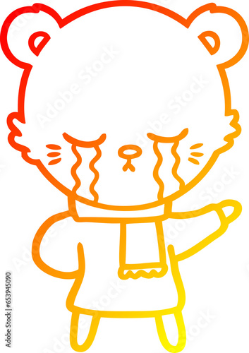 warm gradient line drawing of a crying cartoon bear wearing winter clothes