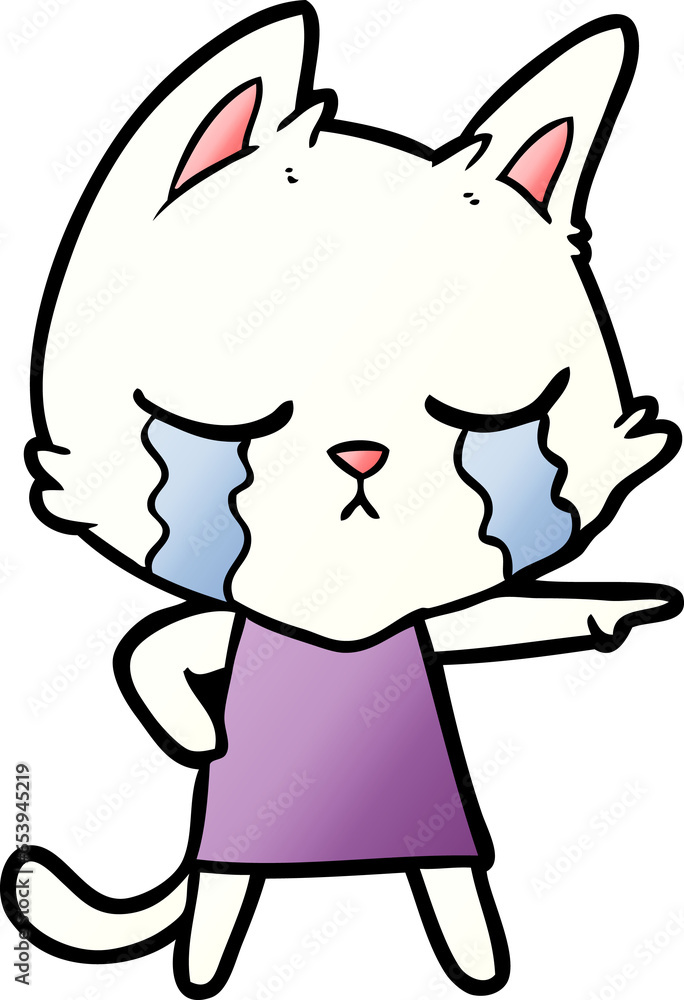 crying cartoon cat in dress pointing