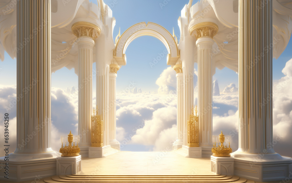Illustration of entrance to paradise in celestial vision. A portal of serenity and golden light in Edenic colors. Entrance to the kingdom of paradise in a calm and serene setting.