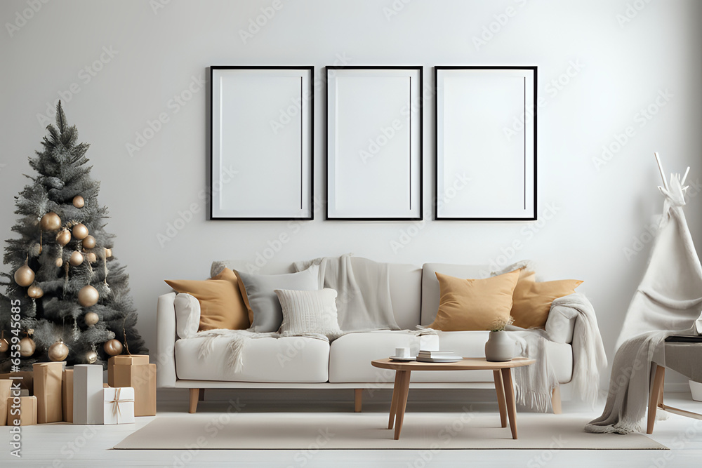 Three blank vertical photo frame mock up in scandinavian style living room interior, modern living room interior background, christmas decorations and cozy sofa - obrazy, fototapety, plakaty 
