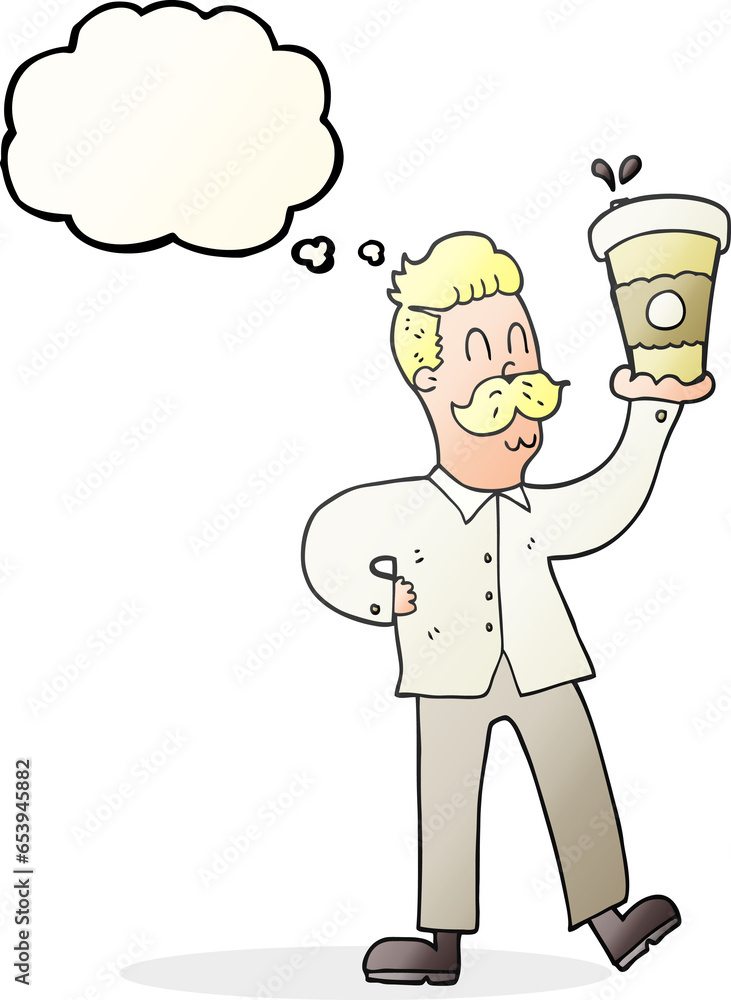 freehand drawn thought bubble cartoon man with coffee cups freehand drawn thought bubble cartoon man with coffee cups