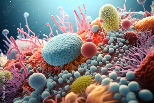 Bacterial diversity. Microscopic view of various bacteria species, diverse shapes and arrangements. Bacterial cells, cell walls, flagella, pili, biofilm formation. Microbiological. Medicine. Banner.