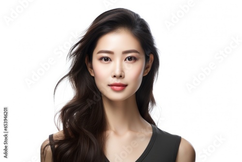Young beautiful Asian model with long black straight hair close-up on white background. Copy space. Beautiful clean glowing skin. Natural makeup. Beauty saloon. Salon. Treatment, care, spa procedures