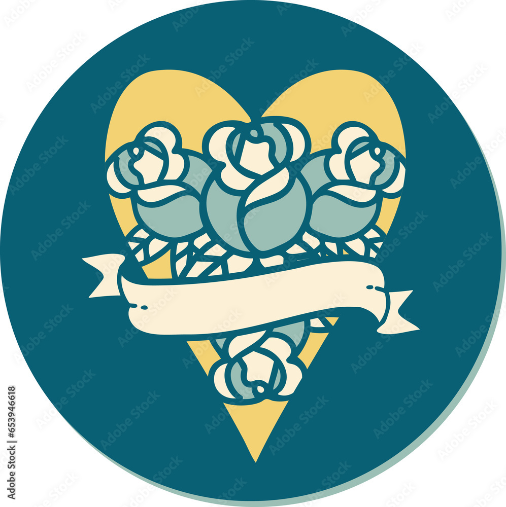 sticker of tattoo in traditional style of a heart and banner with flowers sticker of tattoo in traditional style of a heart and banner with flowers