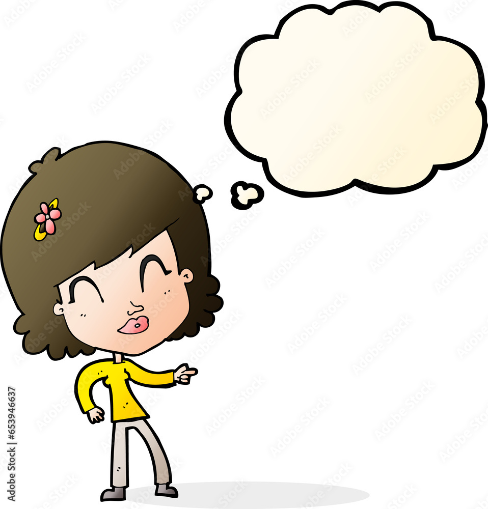 cartoon happy woman pointing with thought bubble cartoon happy woman pointing with thought bubble