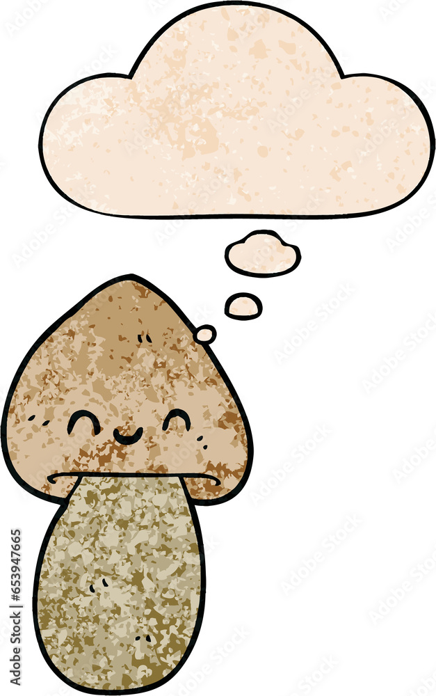 cartoon mushroom with thought bubble in grunge texture style