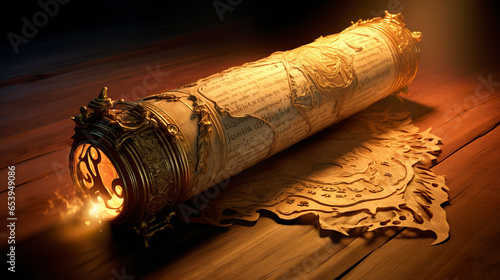 Surreal illustration of legendary scroll with flame effect. Legendary parchment rolled up with majestic golden shine. Epic scroll. photo
