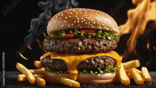 Hamburger with delicious ingredients, tomato, lettuce, cheese, grilled meat, Advertising design. Generated with AI