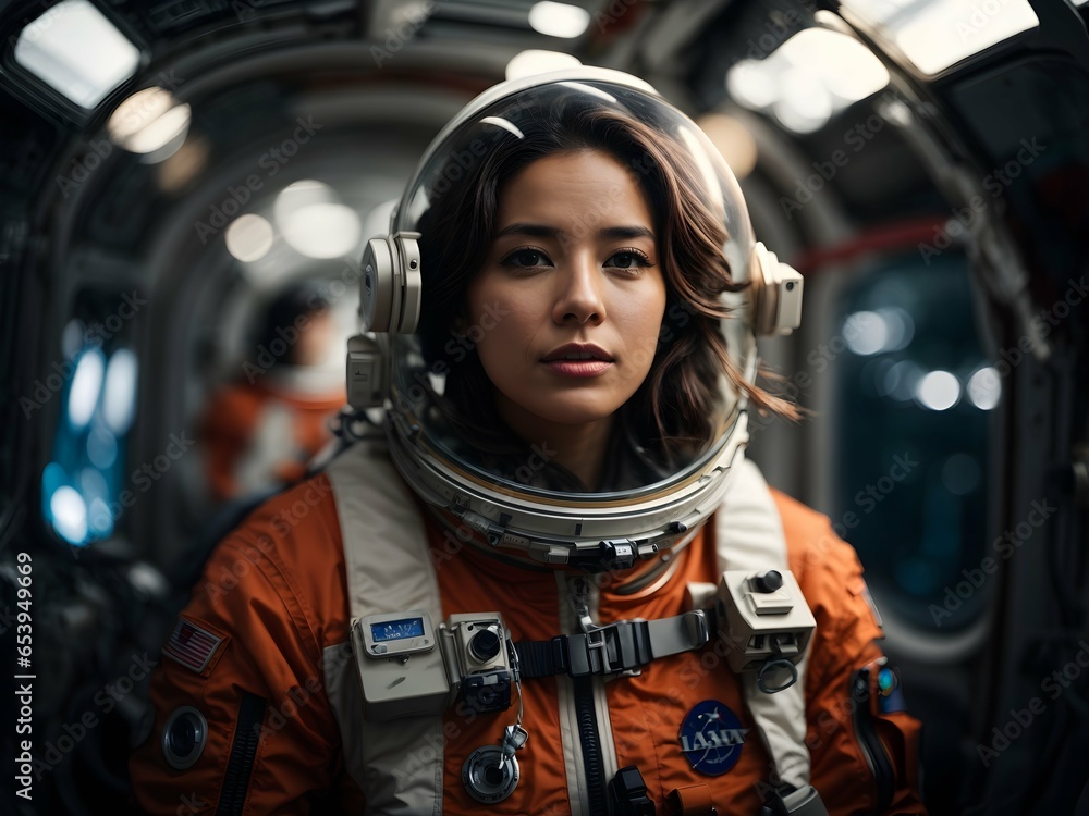 beautiful woman wearing astronaut costume beautiful woman wearing astronaut costume
