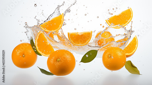 Flying splash of fresh and bright oranges and water. Vitamin C concept. 