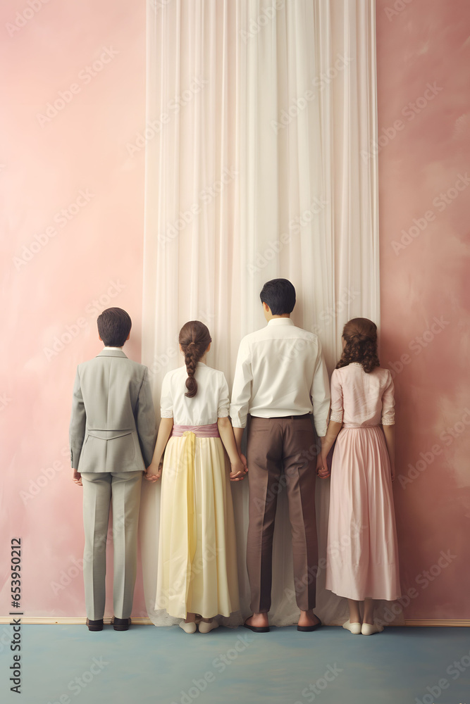 Family photo of holding hands together,pastel colors,minimal background