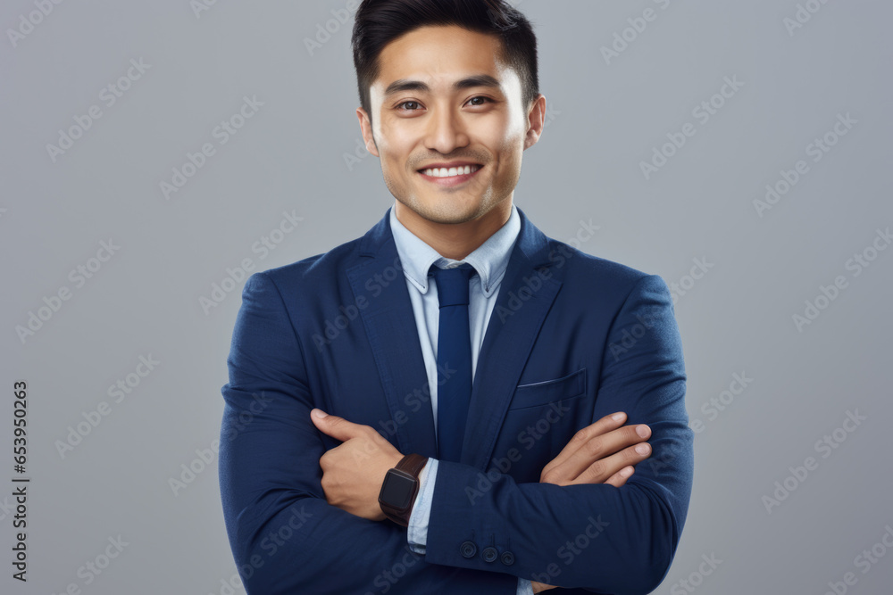 Confident portrait of young Asian business man dressed in sharp blue suit and blue shirt, exuding professionalism and confidence. Confident portrait of young Asian business man dressed in sharp blue suit and blue shirt, exuding professionalism and confidence.
