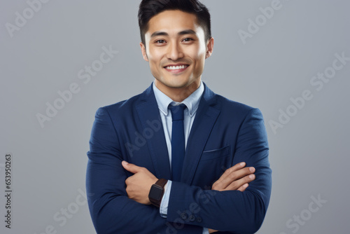Confident portrait of young Asian business man dressed in sharp blue suit and blue shirt  exuding professionalism and confidence.